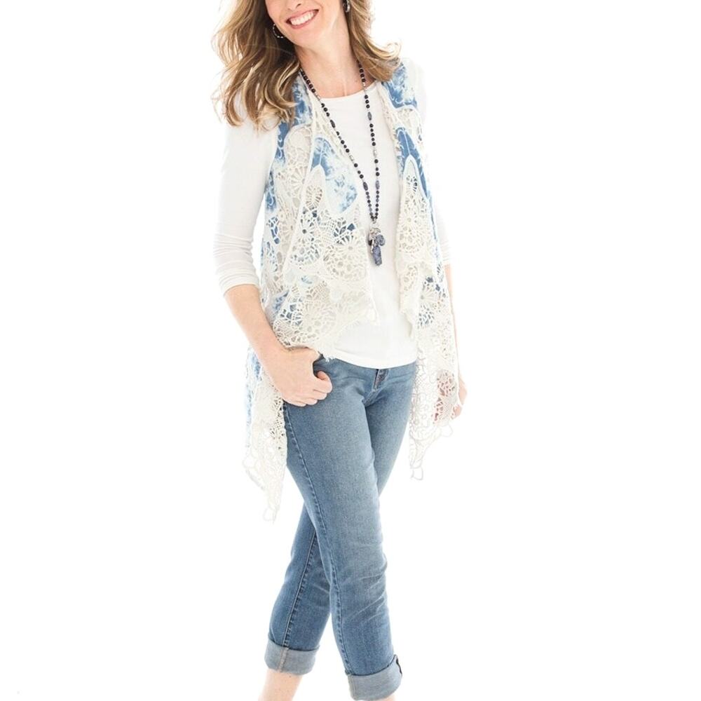 Chicos Hippie Tie Dye Blue Boho Lace Embroidered Festival Open Vest Size‎ Large - Picture 2 of 9
